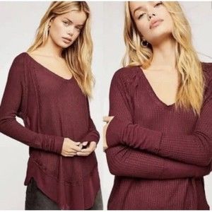 We the Free People Catalina Thermal waffle Tunic Top Long Sleeve Burgundy Small